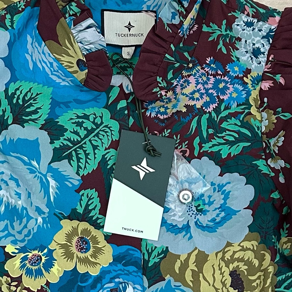 Tuckernuck Women Cotton Oxblood Blue Floral Alice Ruffled Collared Dress Size S - Picture 4 of 14